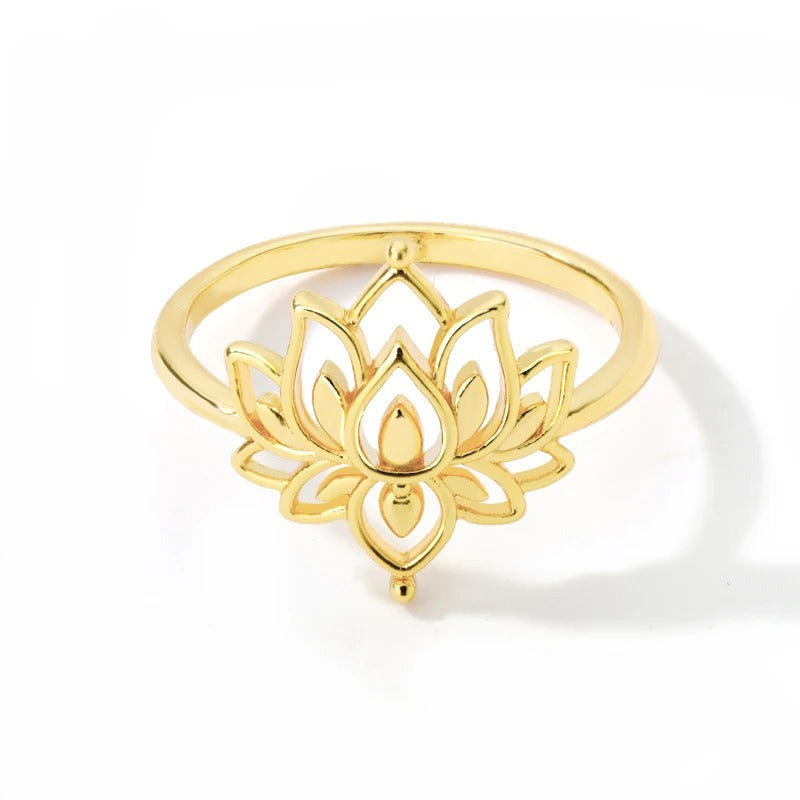 18K Gold Plated & Silver Lotus Ring | Adjustable Stainless Steel Lotus Flower Ring | Minimalist Boho Spiritual Jewelry for Women