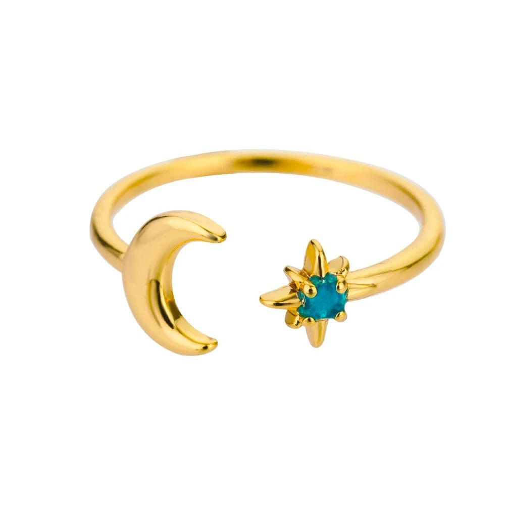 18K Gold Plated & Silver Moon Star Ring | Adjustable Stainless Steel Celestial Ring | Minimalist Open Band Ring for Women