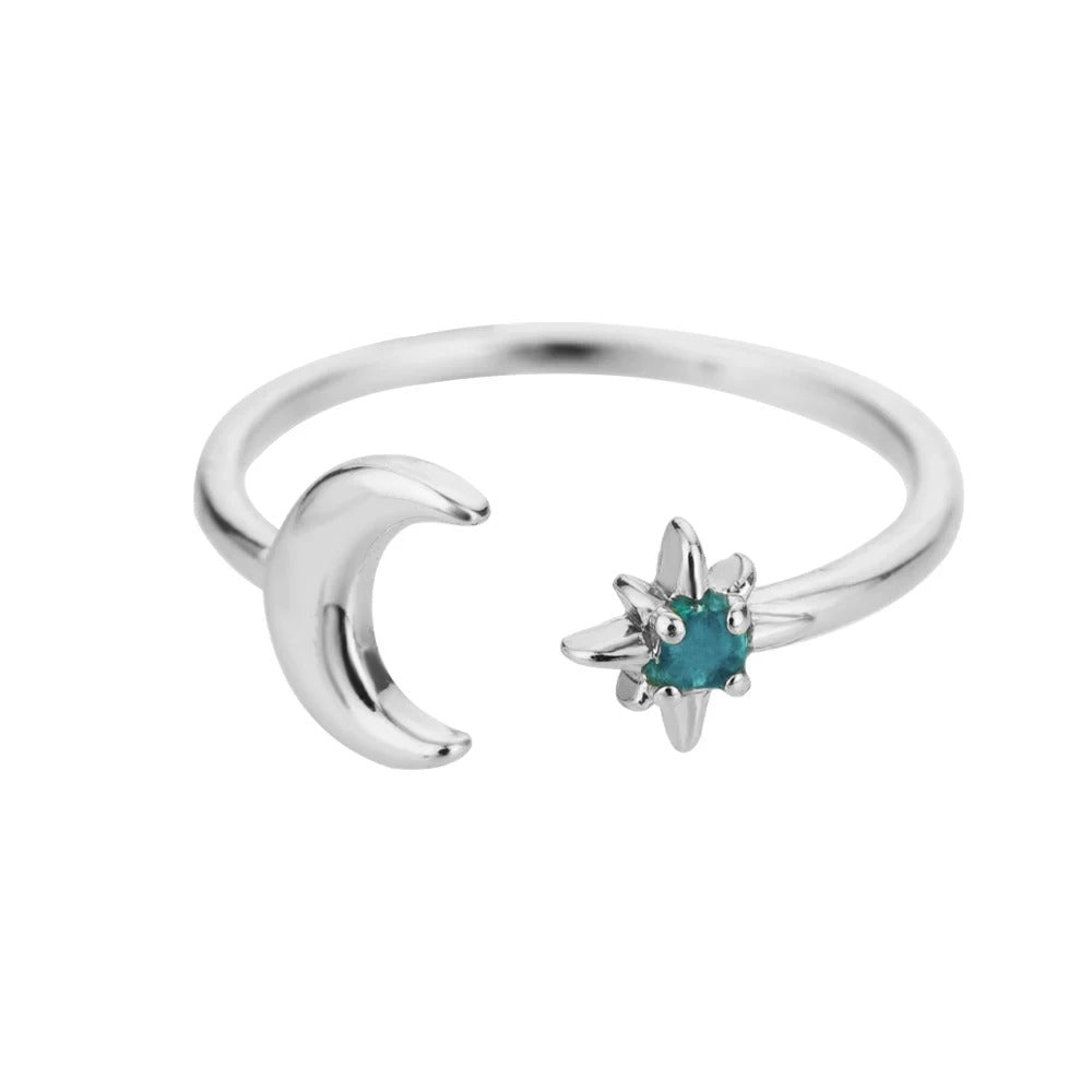 18K Gold Plated & Silver Moon Star Ring | Adjustable Stainless Steel Celestial Ring | Minimalist Open Band Ring for Women