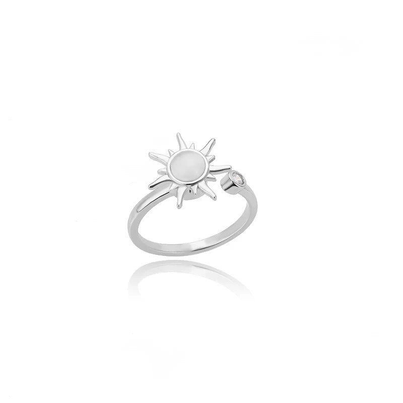 18K Gold Plated & Silver Sun Moonstone Ring | Adjustable Stainless Steel Celestial Ring | Minimalist Statement Jewelry for Women